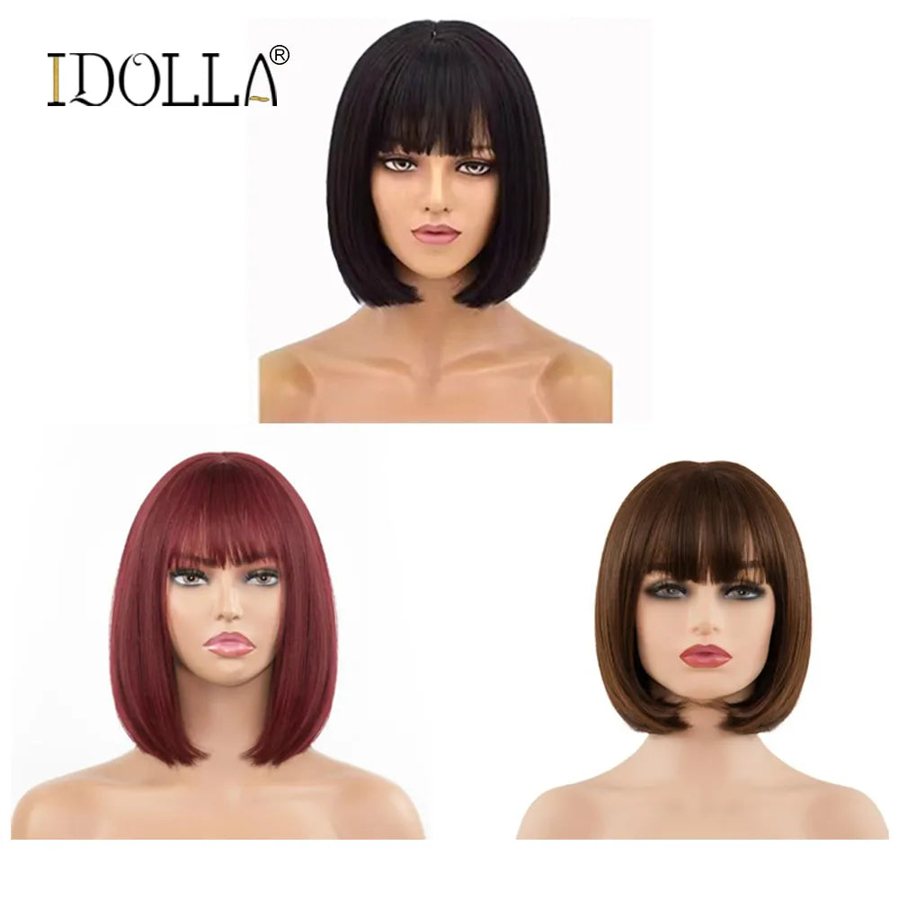 Idolla Short Bob Wig With Full Bangs Natural Color Synthetic Wigs For Black White Women Halloween Christmas Cosplay Lolita Hair
