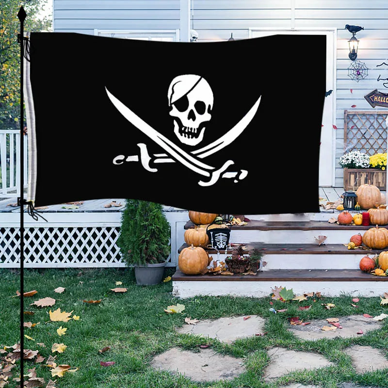 90*154cm 1Piece Pirate Flag Skull Flag Canvas Header Banner Polyester with Brass Grommets Halloween Theme Party Outdoor Decora