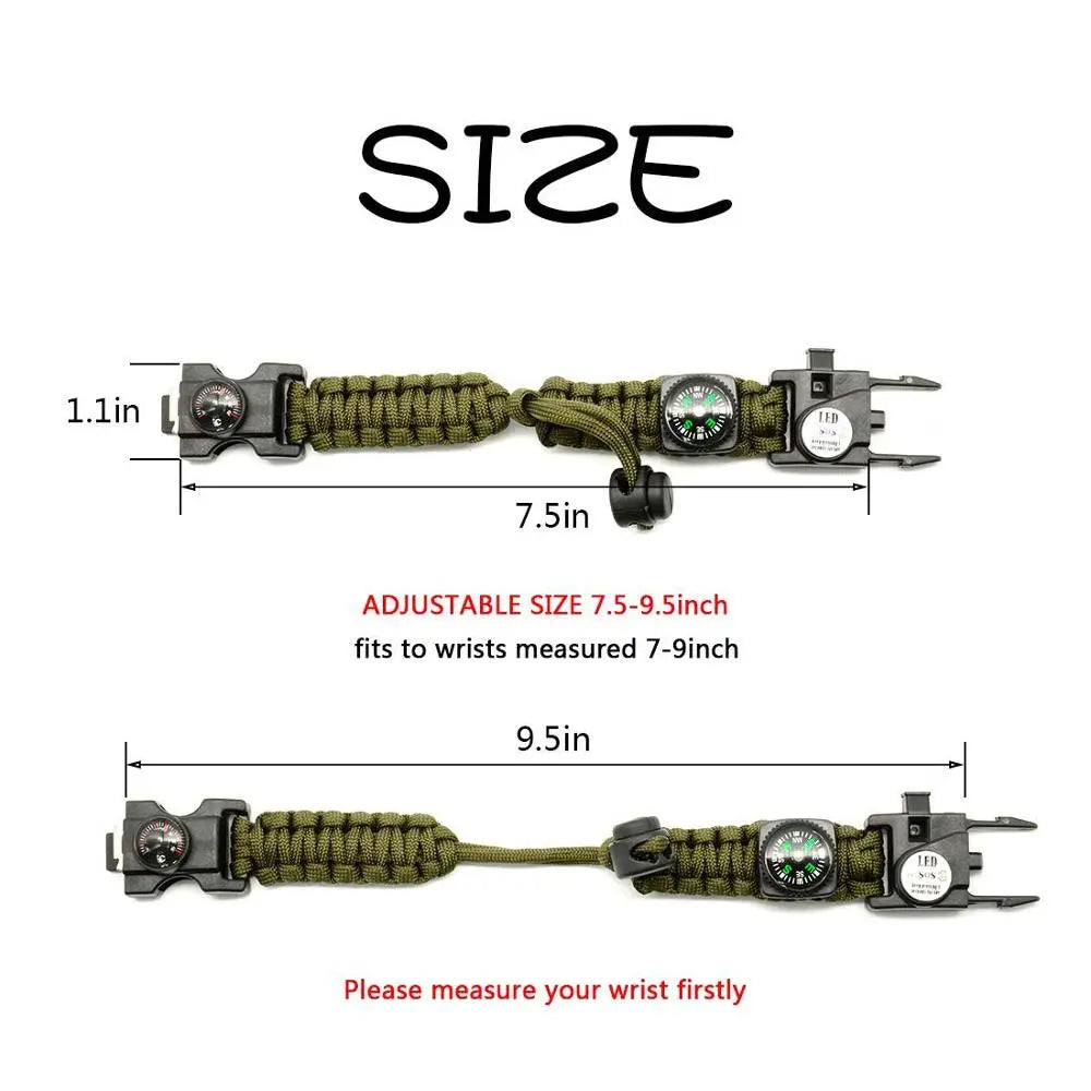 Outdoor Survival Paracord SOS LED Light Emergency Knife Whistle Compass Outdoor Multifunctional Tools for Camping Wristband