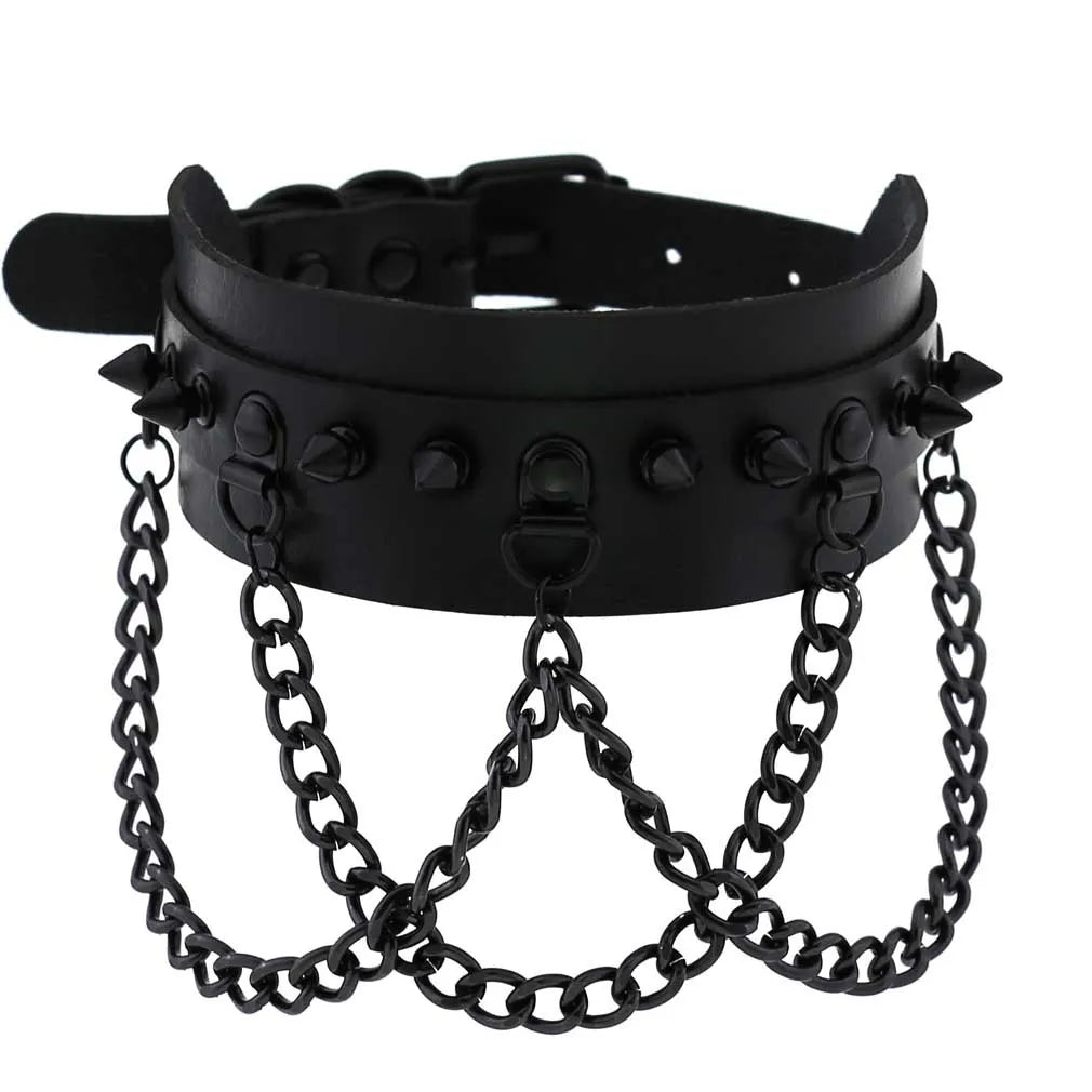 Halloween Emo Cosplay All Black Goth Choker Necklaces For Women Men Punk Spike Rivet Round Heart Bell Belt Necklaces Y2K Jewelry