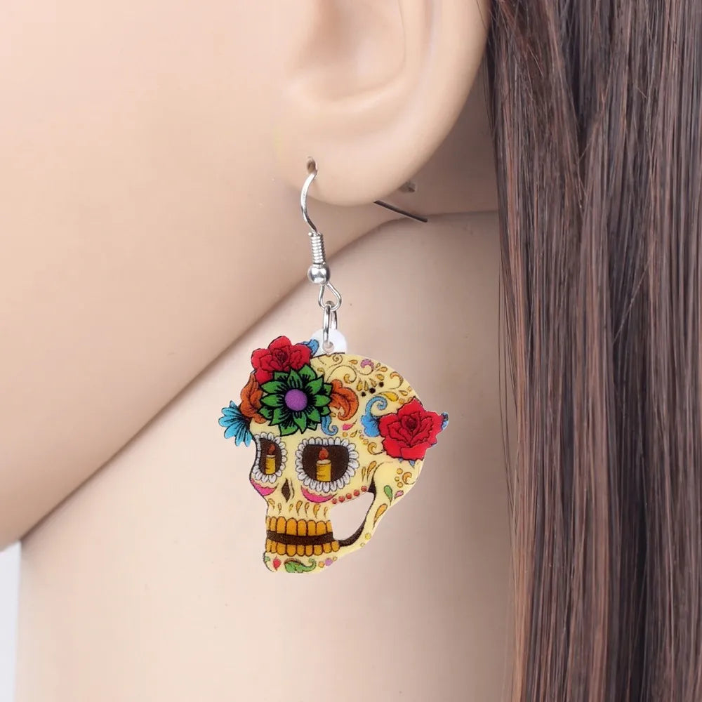 Bonsny déclaration acrylique classique Halloween fleur crâne boucles d'oreilles pendantes nouvelle mode bijoux pour femmes filles dames breloques