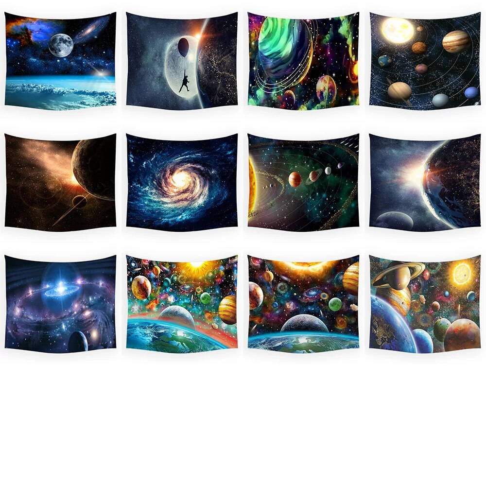 Psychedelic Space Planet Tapestry Moon Sun Earth Milky Way Hippie 
