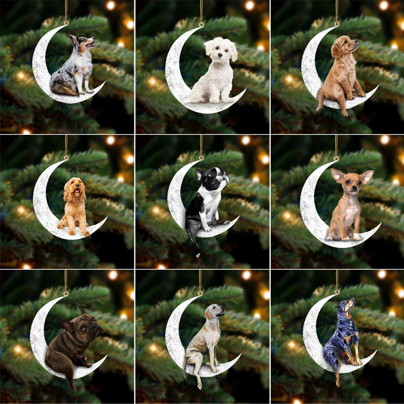 Dog sitting on the moon Christmas pendant Shepherd dog wooden pendant Christmas wooden pendant