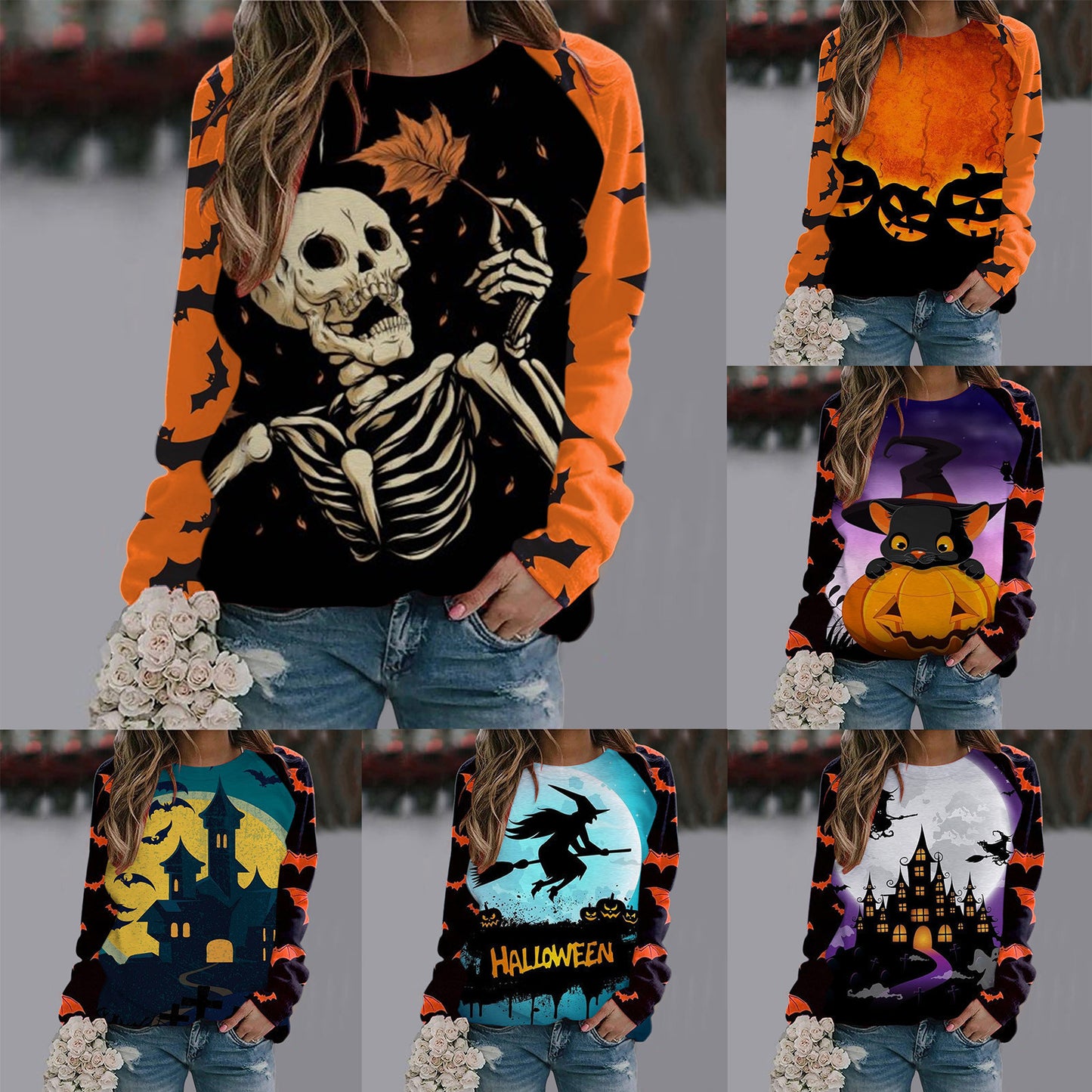 Halloween Sweatshirt for Women, Fun Graphic Print Crew Neck Long Sleeve Sweatshirts Pullover, Women's Fashion Tops