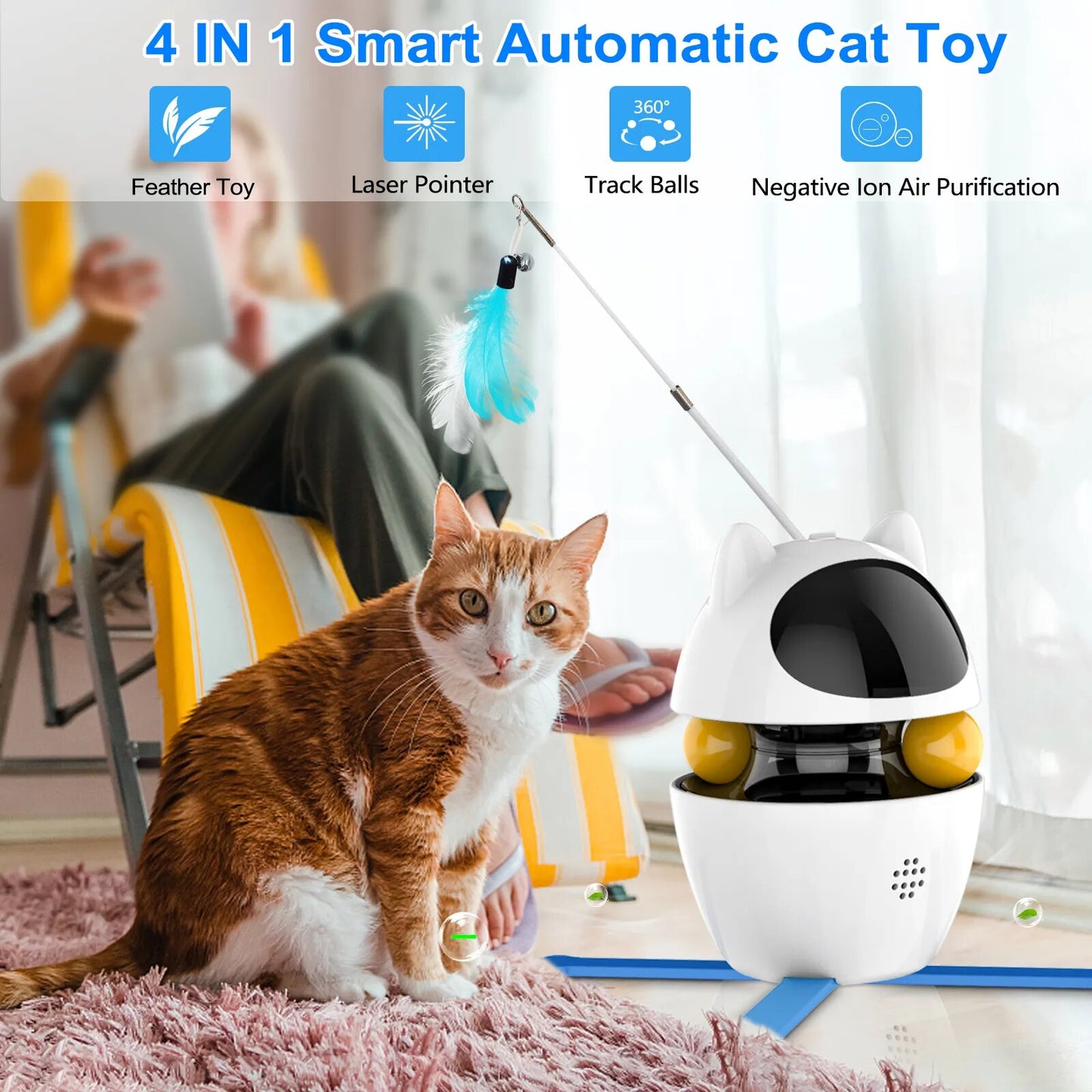 4-in-1 Cat Toys Indoor Electric Interactive Toys with Ball and Feather Automatic Chasing Exercising Laser Toy USB Rechargeable