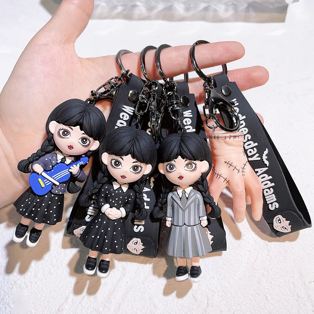 Horror Wednesday Addams Silicone Keychain Toy Thing Hand Home Decor Keychain Doll Schoolbag Pendant Halloween Toy Costume Props