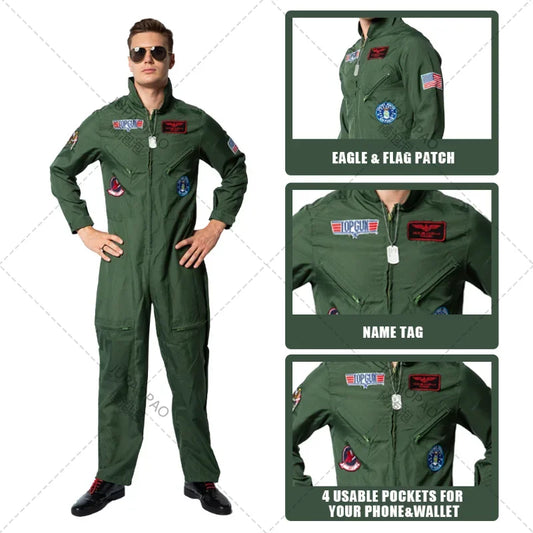 Top Gun Movie Cosplay American Airforce Uniform Halloween Costumes for Men Adult Army Green Military Pilot Jumpsuit  Astronaut