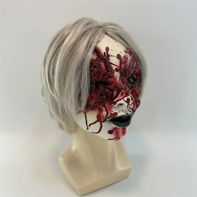 New Terror Curse Demon Girl Mask Scaring Prop White-Haired Female Ghost Grandma Zombie Old Man Headgear Creepy Scary Facewear