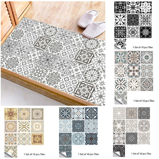 10pcs Retro Pattern Matte Surface Tiles Sticker Transfers Covers for Kitchen Bathroom Tables Floor Hard-wearing Art Wall Decals