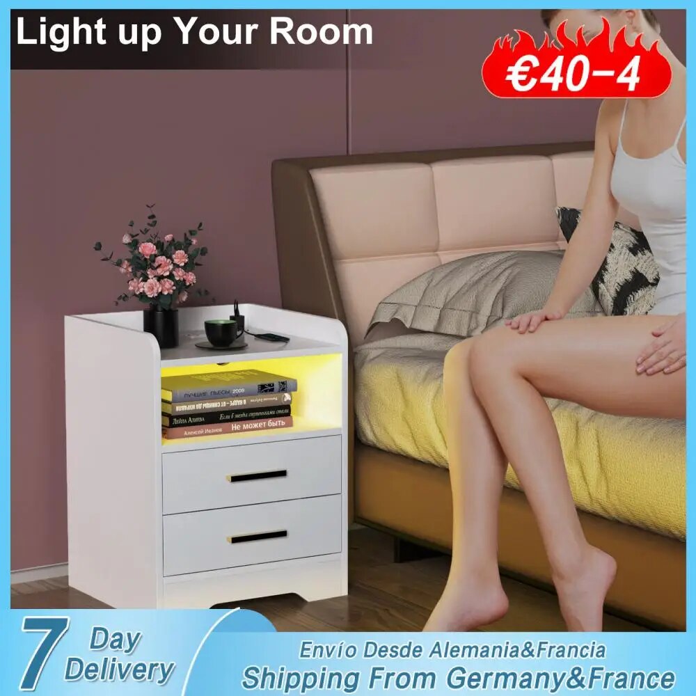 45x40x58cm White Gloszy Bed Table Night Table Cabinet Cabinet Bedroom Bedside Table Furniture 2drawer With EU Socket LED Cabinet