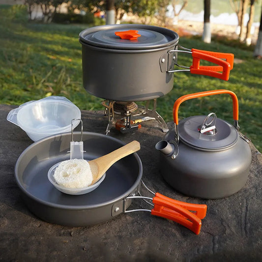 Camping Cookware Set Aluminum Portable Outdoor Tableware Cookset Cooking Kit Pan Bowl Kettle Pot Hiking BBQ Picnic Equipment