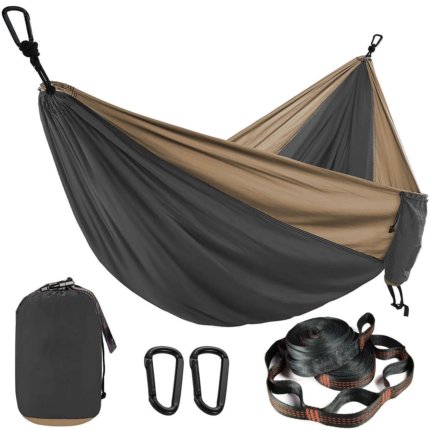 Hamac Parachute de couleur unie avec sangles de hamac et mousqueton noir Camping survie voyage mobilier d'extérieur pour deux personnes