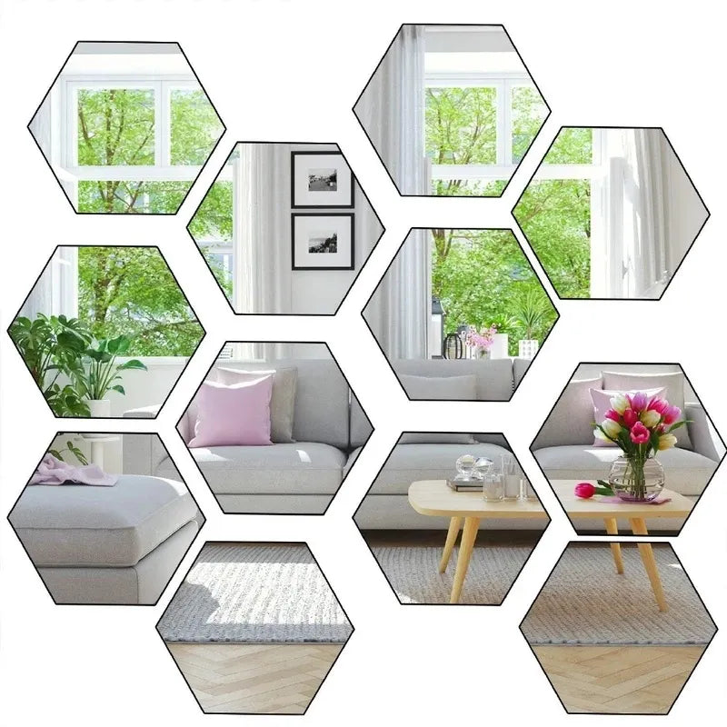 12pcs 3D Mirror Wall Stickers Hexagon Shape Acrylic Removable Wall Sticker Decal DIY Home Decoration Art Mirror Ornaments