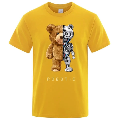 Funny Teddy Bear Robot Tshirt Robotic Bear Men Short Sleeve Fashion