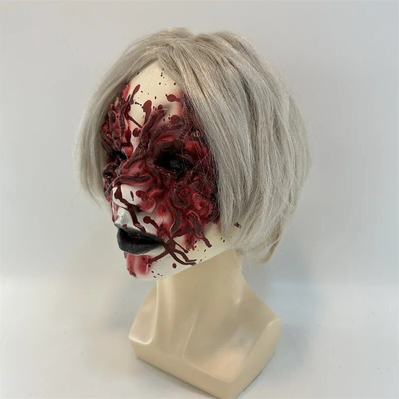 New Terror Curse Demon Girl Mask Scaring Prop White-Haired Female Ghost Grandma Zombie Old Man Headgear Creepy Scary Facewear