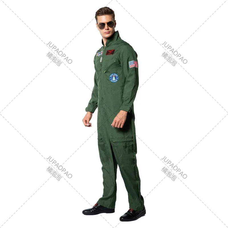 Top Gun Movie Cosplay American Airforce Uniform Halloween Costumes for Men Adult Army Green Military Pilot Jumpsuit  Astronaut
