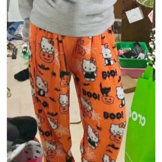 Pantalon de pyjama Halloween Sanrio Hello Kitty, polaire, tissu Double élastique, doux, pour femmes, cadeau d'anniversaire Kawaii