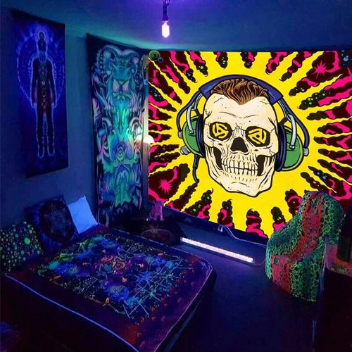 Fluorescent tapestry UV reaction decorative cloth psychedelic skull