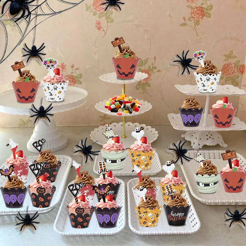 24/32 Pièces Emballages de Cupcake d'Halloween, Décorations de Chauve-Souris en Toile d'Araignée de Citrouille, Kit de Cupcakes pour Décoration de Gâteau de Fête d'Halloween, Tasse de Cuisson