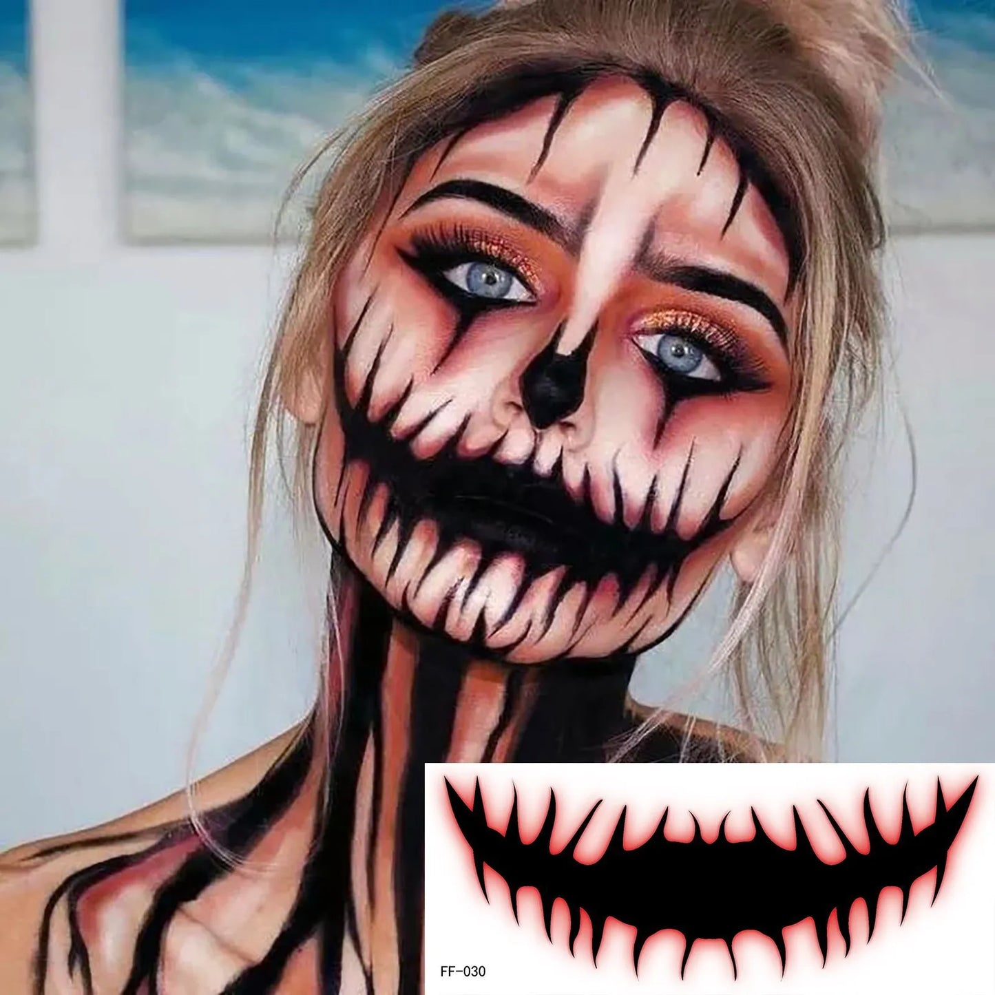 Halloween Horror Big Mouth Face Sticker Funny Makeup Party Waterproof Tattoo Stickers Devil Costume Cosplay Accessories