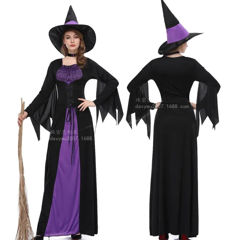 Halloween Witch Vampire Costumes for Women Adult Scary Purple Carnival Party Performance Drama Masquerade Clothing with Hat
