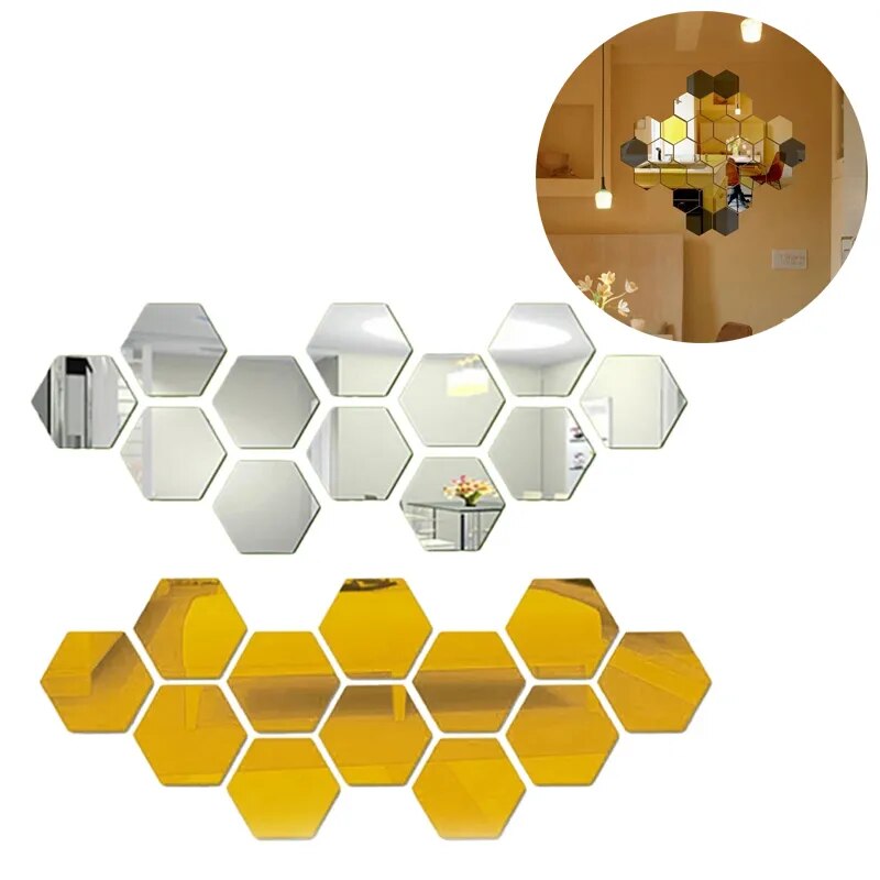 Autocollants muraux miroir 3D en forme d'hexagone, 12 pièces, autocollants muraux amovibles en acrylique, décoration pour la maison, ornements de miroir artistique, DIY bricolage