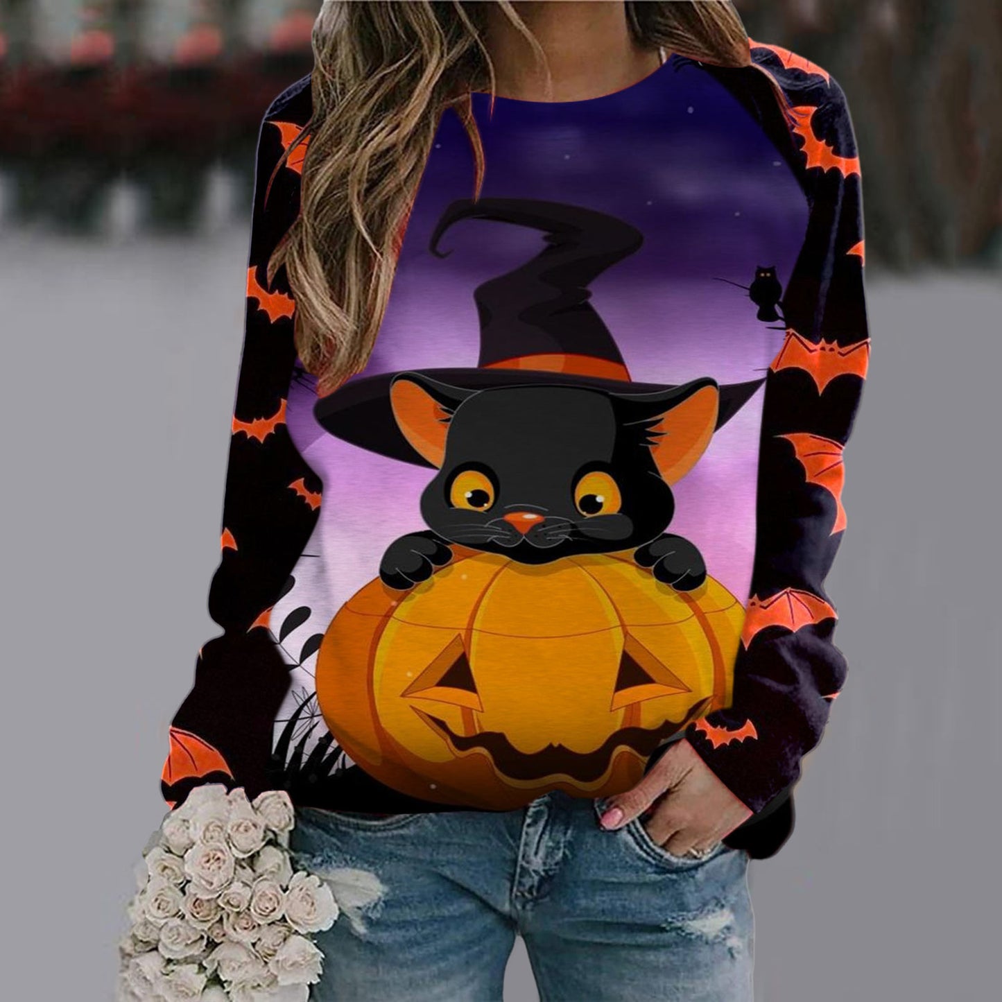 Halloween Sweatshirt for Women, Fun Graphic Print Crew Neck Long Sleeve Sweatshirts Pullover, Women's Fashion Tops