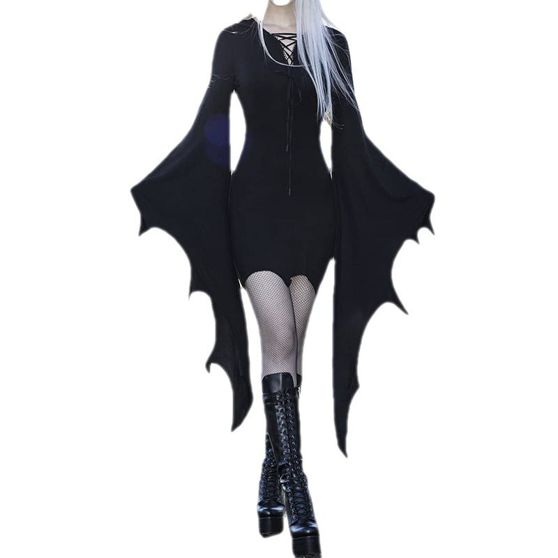 Halloween Gothic Dress for Women Plus Size Bodycon Bandage Black Dresses Lace Up V Neck Batwing Sleeve Sexy Dress