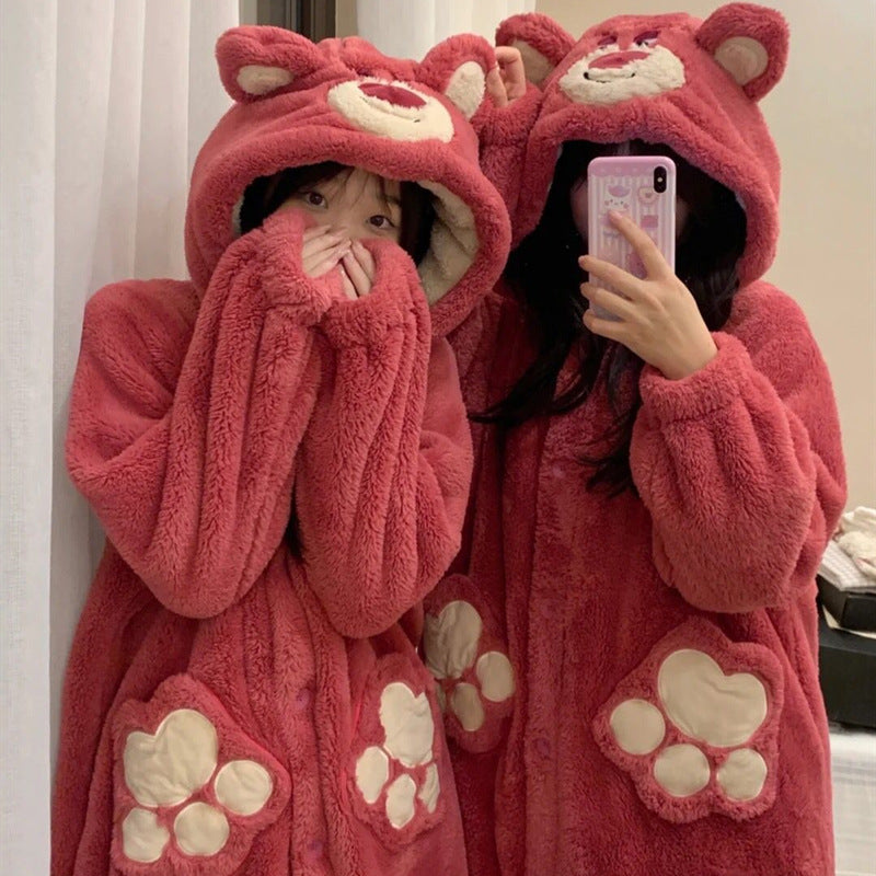 Cute strawberry bear Yugui dog pajamas women's winter thickened Donald Duck coral fleece 2022 student nightgown suit