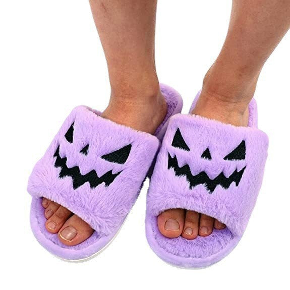 Halloween Slippers Lantern Pumpkin Slippers Indoor Outdoor Non-slip Plush Open Toe Slippers Soft Fuzzy