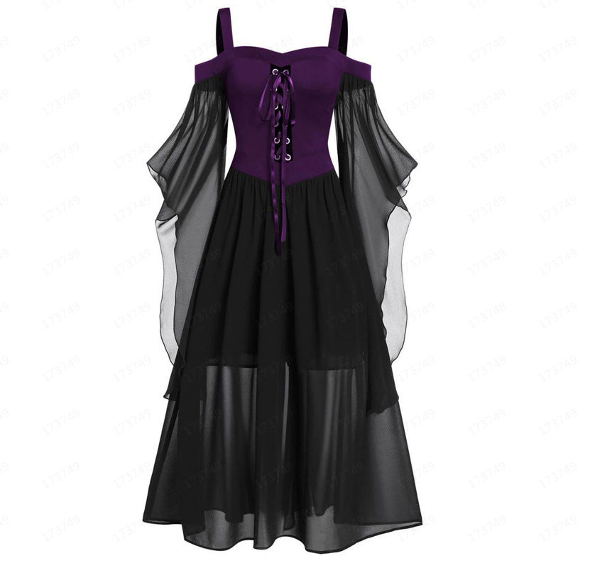 Gothic Dresses for Women Halloween, Plus Size Cold Shoulder Butterfly Sleeve Lace Up Dress Mesh Gothic Dresses