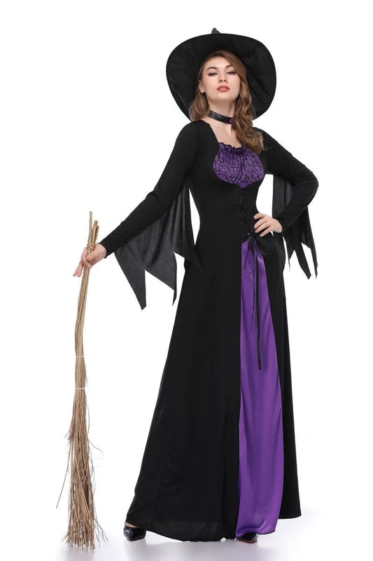 Costumes de Vampire de sorcière d'halloween pour femmes adultes, vêtements de mascarade de spectacle de carnaval violet effrayant avec chapeau 