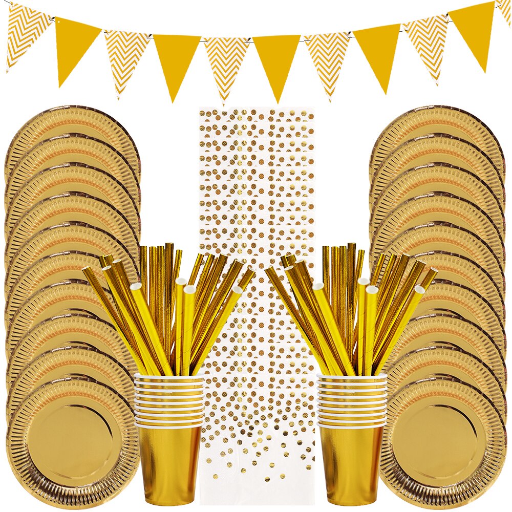 Gold Party Disposable Plate Paper Tableware Set Plate Cup Napkins Birthday Wedding Bachelorette Party Decoration Baby Shower